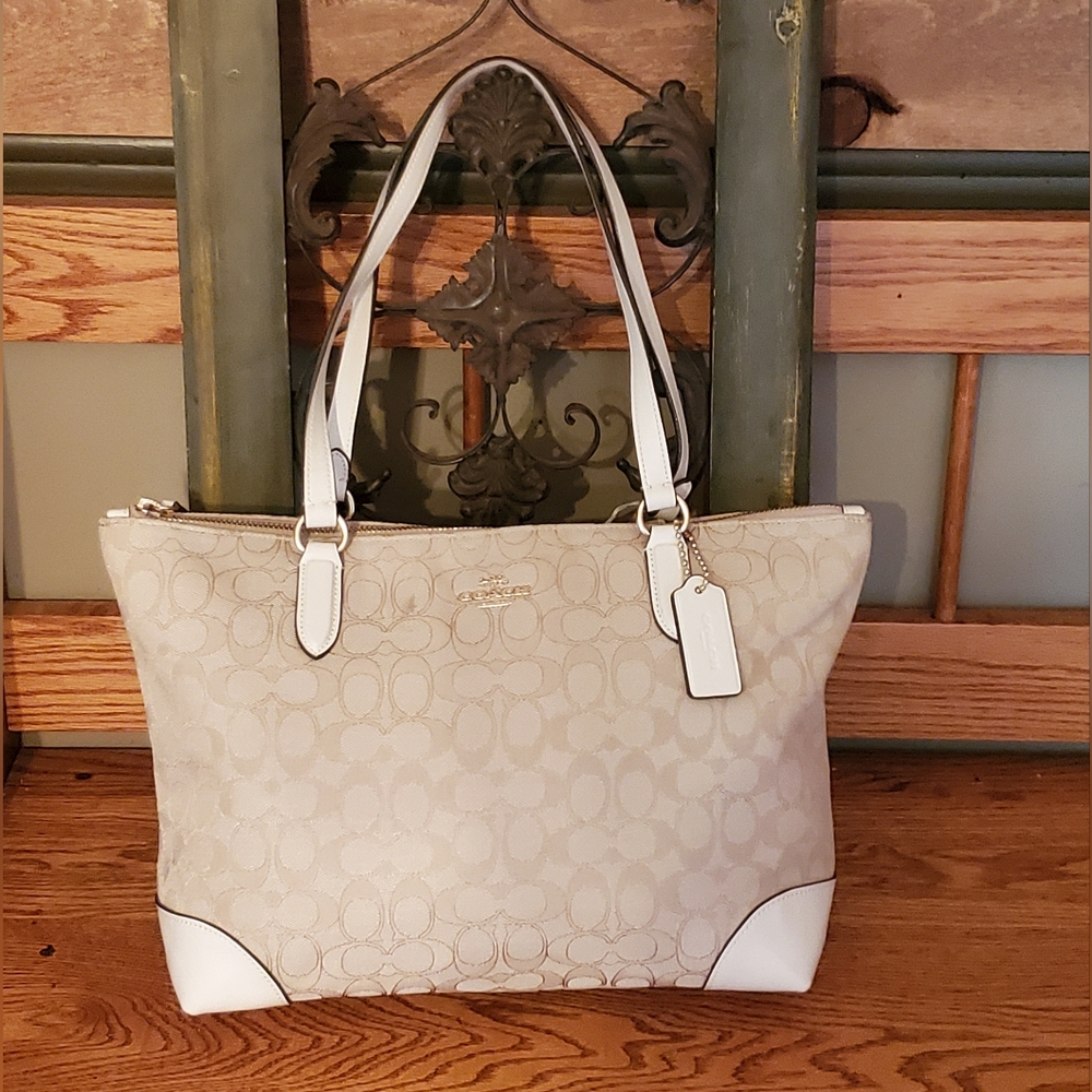 Coach Light Khaki Signature Jacquard & Ivory Leather Tote Bag